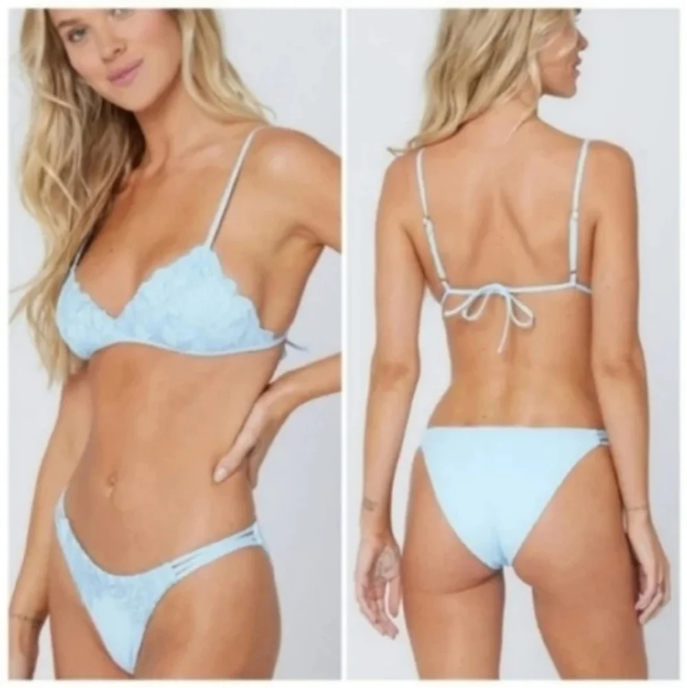 L*Space Jean Top Claude Bottoms Bikini Blue Full Set Satin